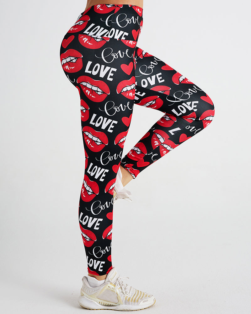 Love Sexy Lips Print Sports Women Pants Red S-2XL