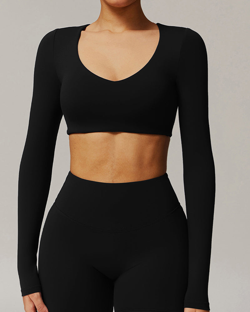 Quickly Dry Yoga Long Sleeve V Neck Running Sports Work Out Crop Top S-XL