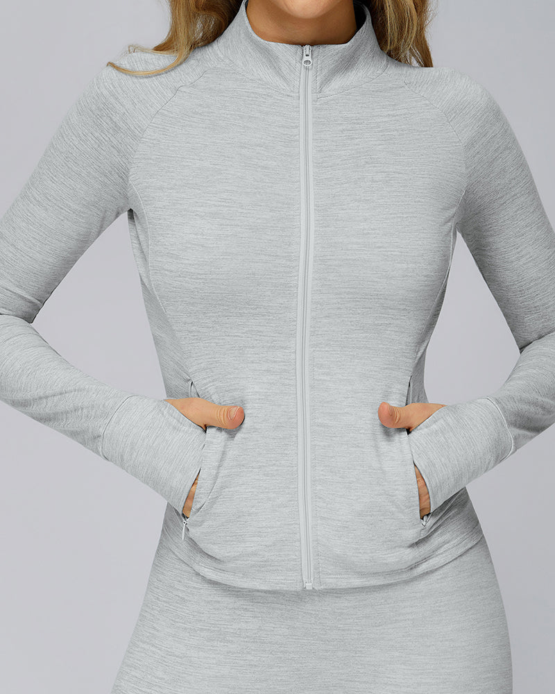 Brushed Long-Sleeved Zipper Pocket Quick-Drying Tights Outdoor Sports Running Jacket S-XL