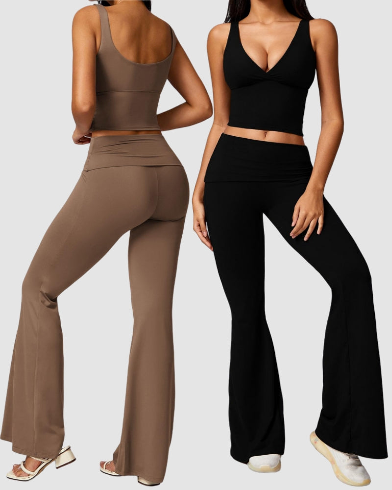 Women Quick Drying V Neck Vest High Waist Pants Yoga Two-piece Sets S-XL