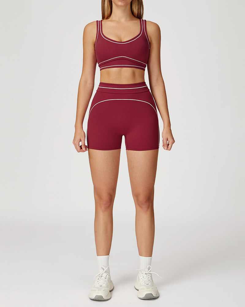 Women Colorblock U Neck Bra Shorts Fitness Yoga Two-piece Sets S-XL