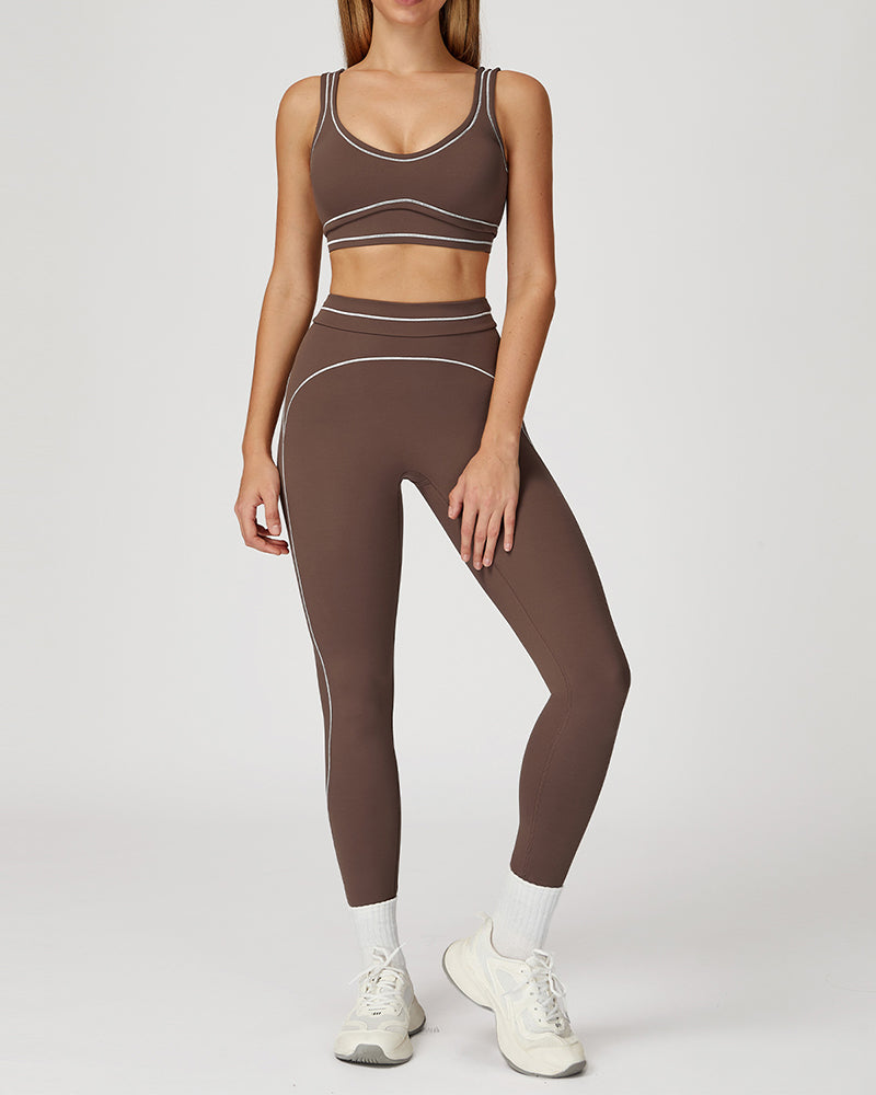 Women Logo Add Colorblock U Neck Bra Sports Leggings Two Piece Sets Black Red Brown Green Blue S-XL