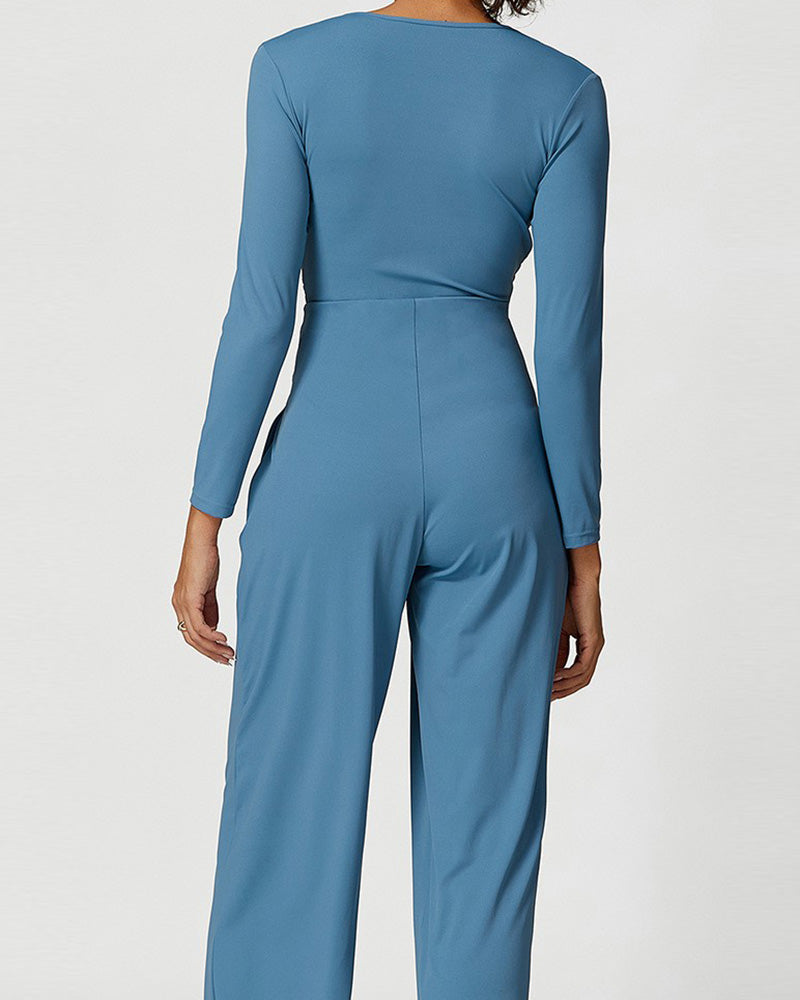 Sexy V Neck Ruched High Slit Yoga Sports Jumpsuit S-L