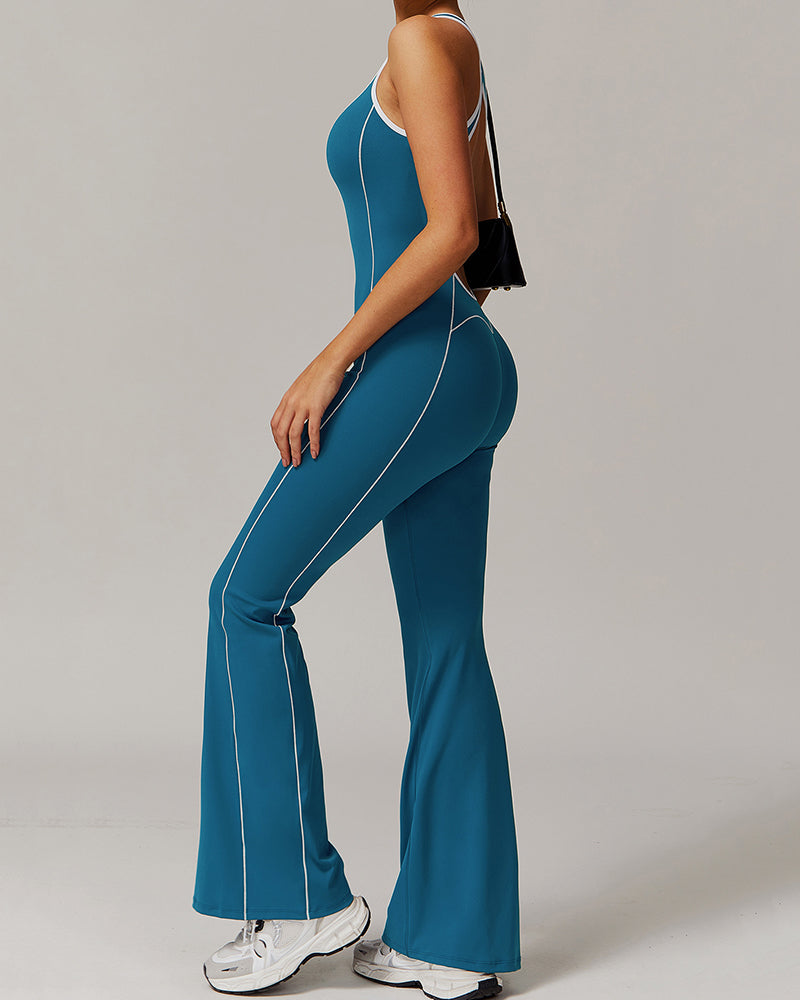 LOGO Add Women Fashion Colorblock Hollow Out Back Dance Wide Leg Jumpsuit S-XL