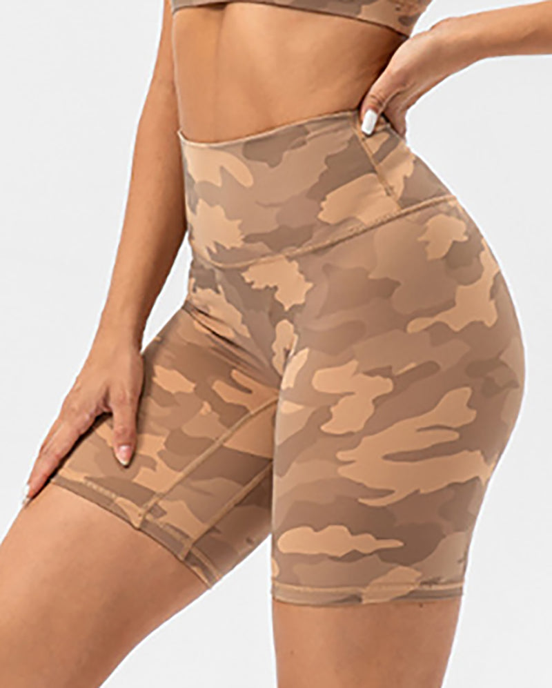 Hot Sale Camo Printed High Waist Peach Hip Sports Shorts S-2XL