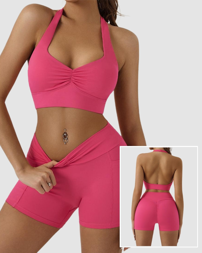 Women  Halter Neck Sports Bra V Waist Pocket Shorts Yoga Two-piece Sets S-XL