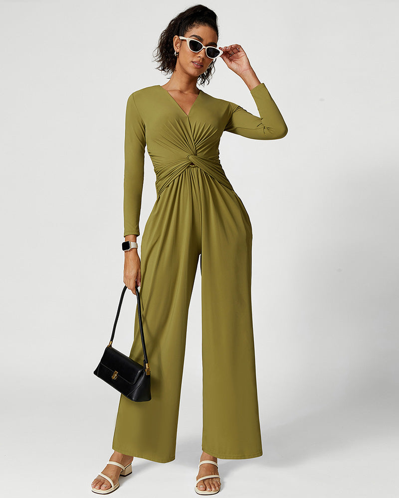 Sexy V Neck Ruched High Slit Yoga Sports Jumpsuit S-L