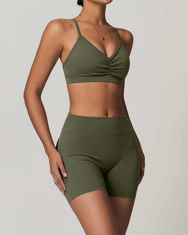 Wholesale OEM Running Sling Ruched Bra Yoga Two-piece Shorts Sets S-XL