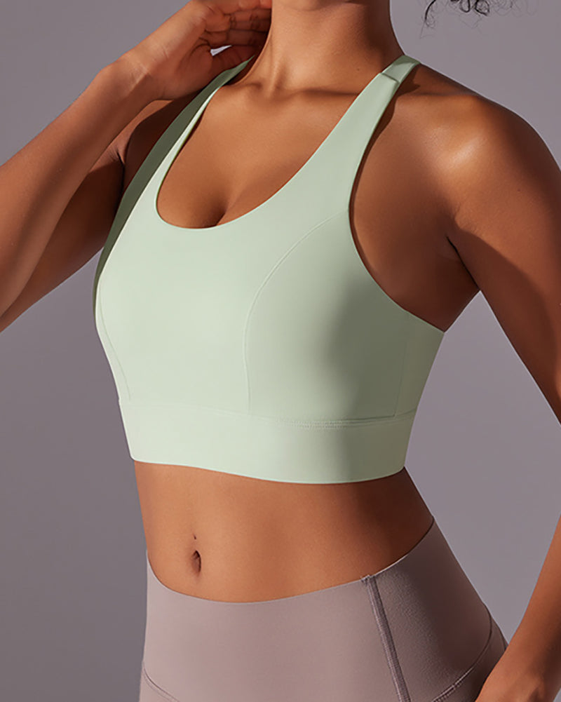 Women Fixed Pad Back Button Protection Sports Bra S-XL