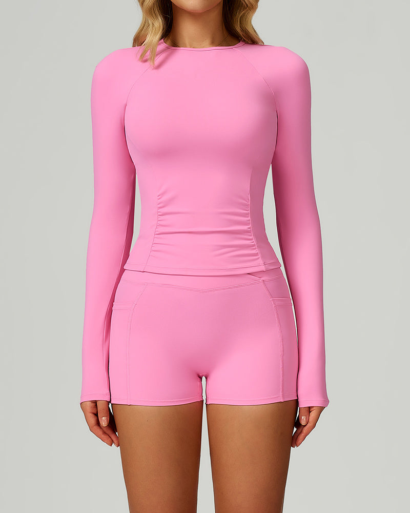 Woman OEM Long Sleeve Slim GYM T-shirt Side Pocket Shorts Yoga Two-piece Sets S-XL