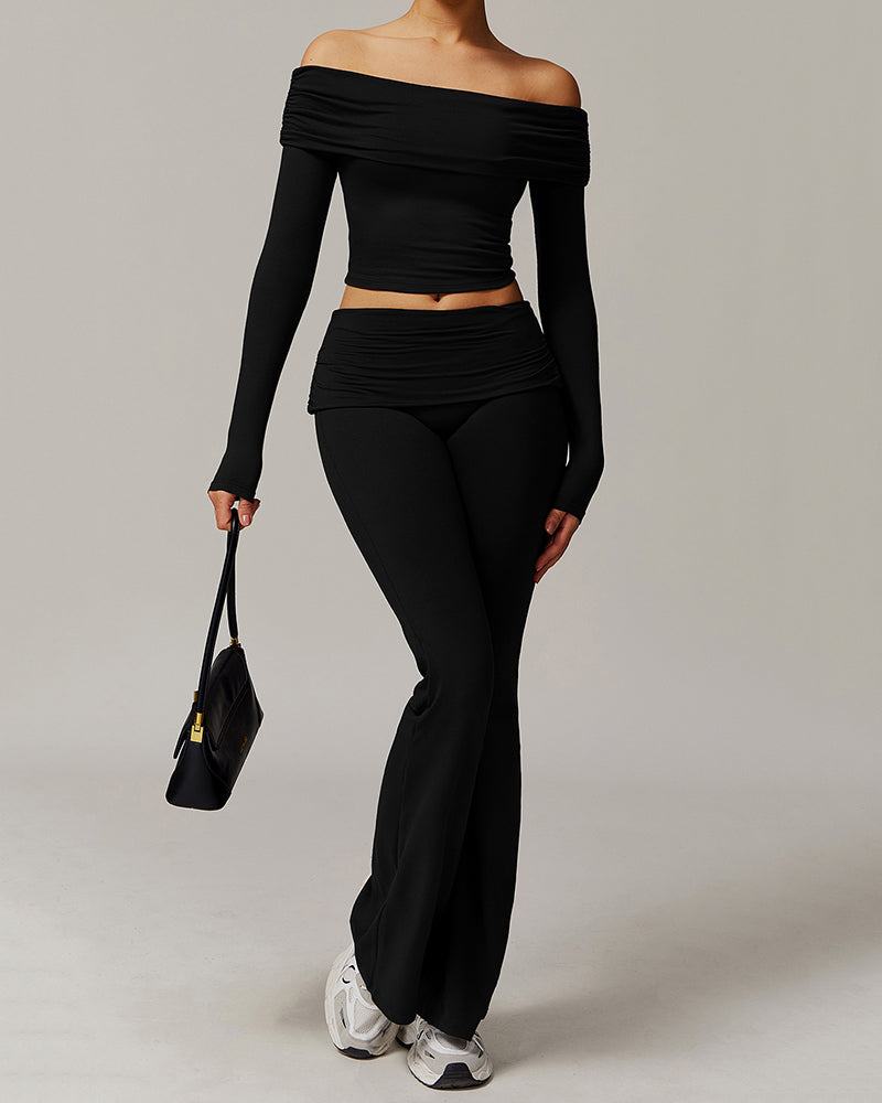OEM Women Long Sleeve Off Shouder T-shirts Fold Waist Wide Leg Pants Sports Yoga Two-piece Sets S-XL