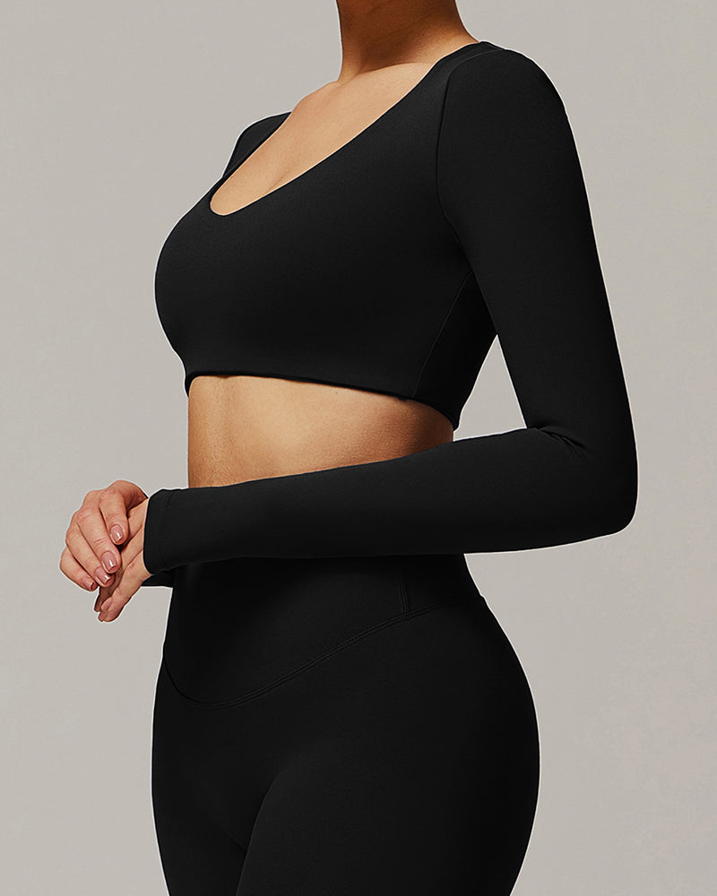 Quickly Dry Yoga Long Sleeve V Neck Running Sports Work Out Crop Top S-XL