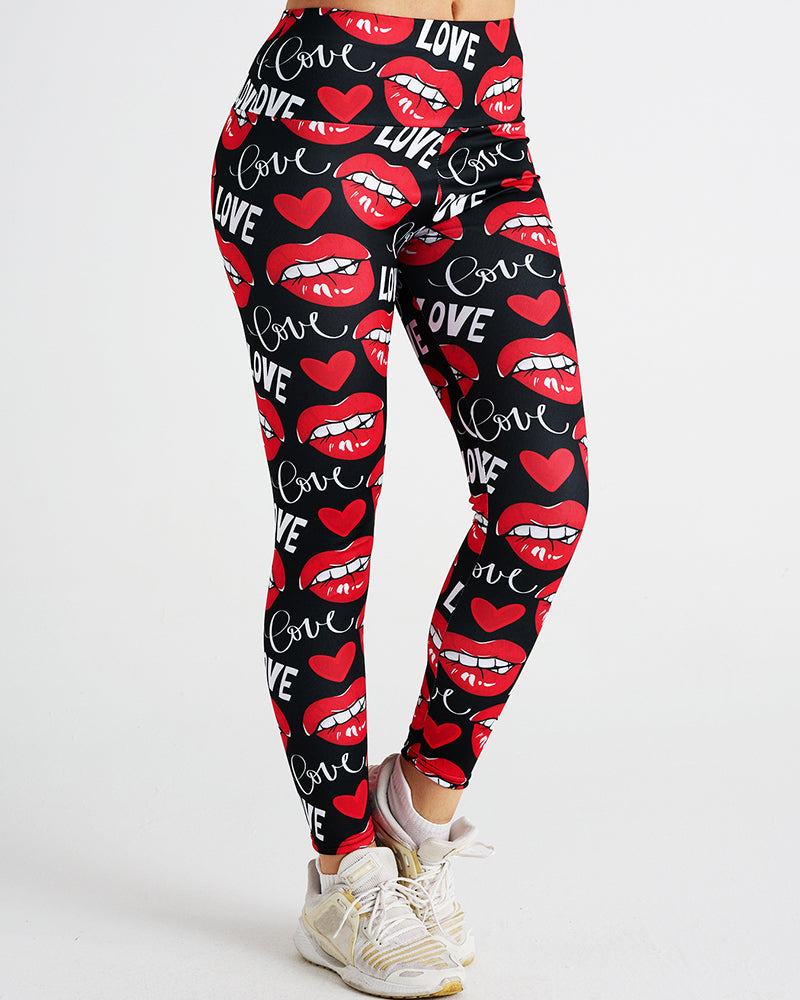 Love Sexy Lips Print Sports Women Pants Red S-2XL