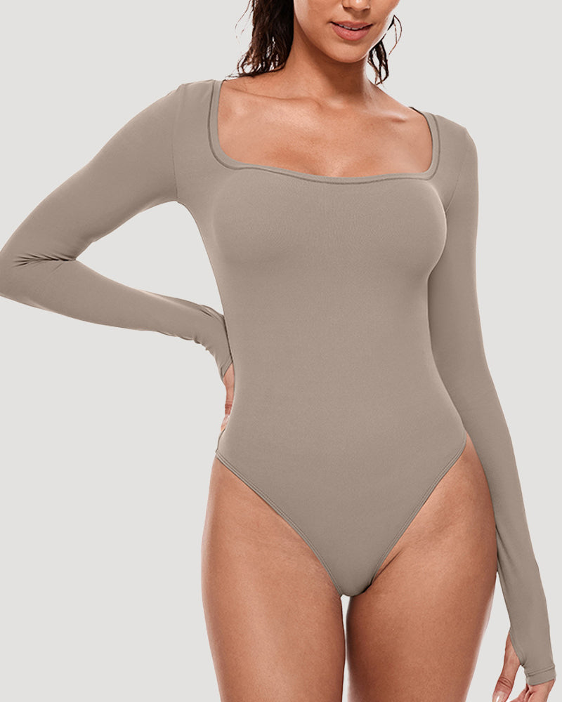 Women Square Collar Long Sleeve Yoga Training Bodysuit S-2XL