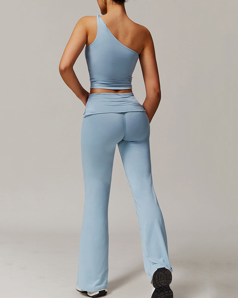Women OEM Customize LOGO Slash Neck Vest Fold Waist Wide Leg Pants Sports Two Piece Sets S-XL