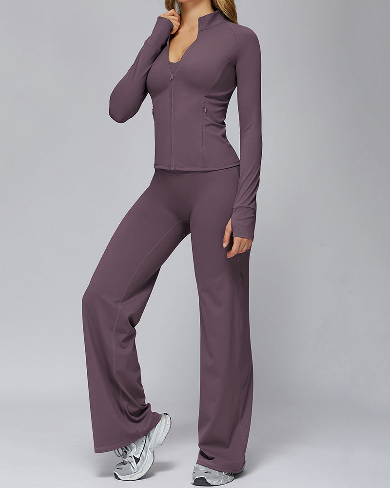 Women Long Sleeve Coat Wide Leg Pants Yoga Two-piece Sets S-XL