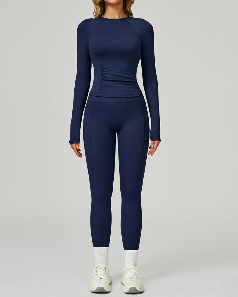 Women Add Logo Long Sleeve GYM Slim T-shirt High Waist Leggings Yoga Two-piece Sets S-XL