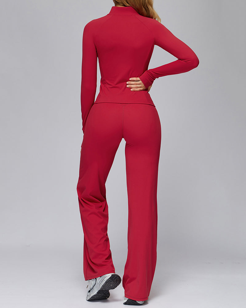 Women Long Sleeve Coat Wide Leg Pants Yoga Two-piece Sets S-XL