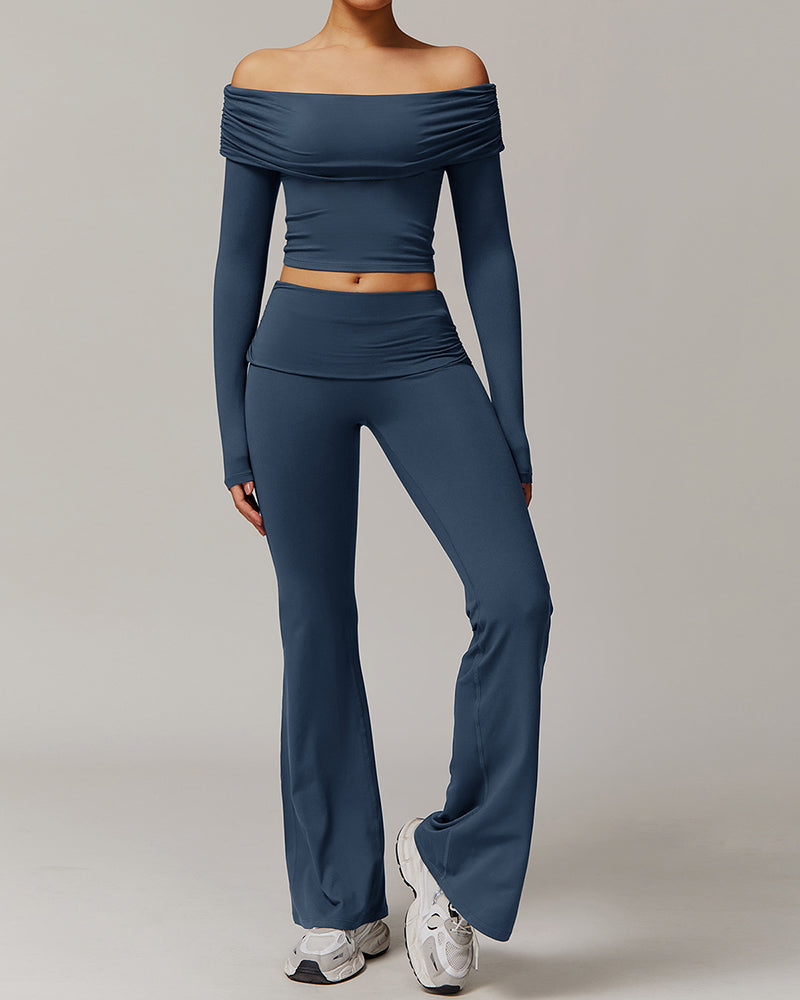 OEM Women Long Sleeve Off Shouder T-shirts Fold Waist Wide Leg Pants Sports Yoga Two-piece Sets S-XL