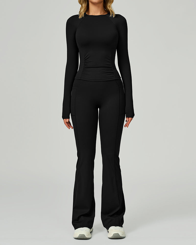 Women GYM Long Sleeve Slim T-shirt Running Wide Leg Pants Yoga Two-piece Sets S-XL