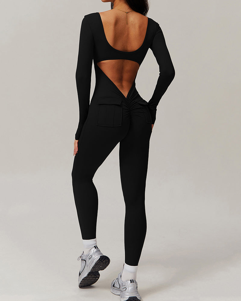 Wholesale Women U Neck Tight Running Long Sleeve Fitness Sports Jumpsuit S-XL