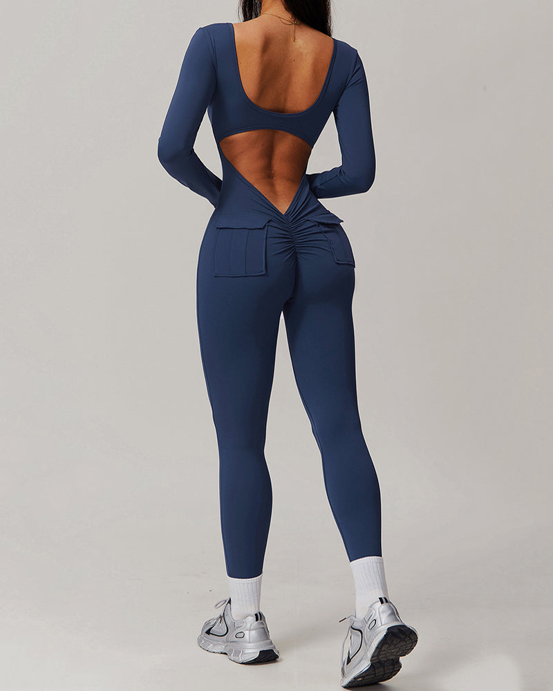 Wholesale Women U Neck Tight Running Long Sleeve Fitness Sports Jumpsuit S-XL