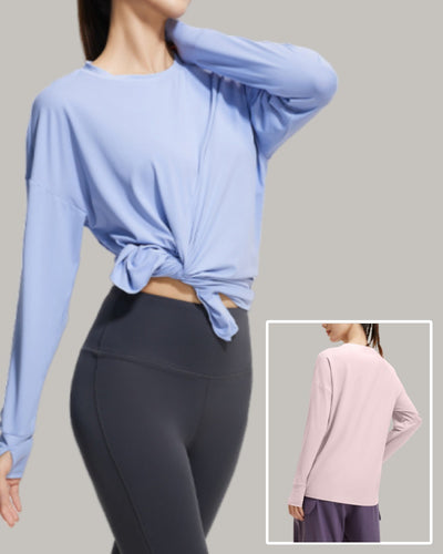 Women Long Sleeve O Neck Slide Slit Sports T-shirt S-2XL