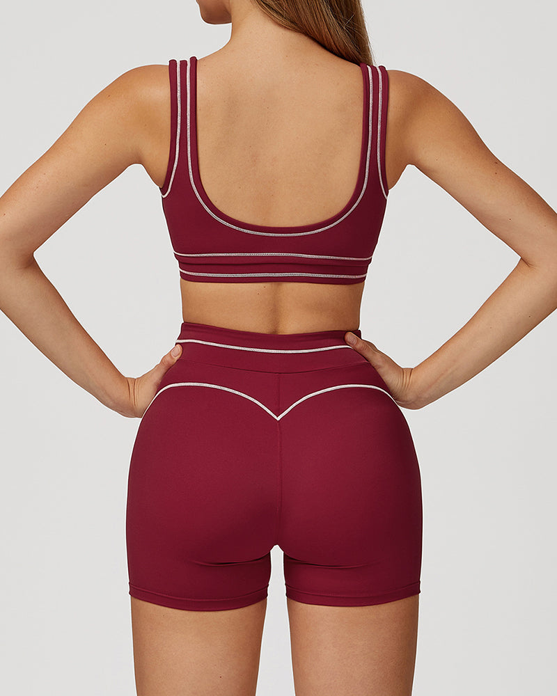 Women Colorblock U Neck Bra Shorts Fitness Yoga Two-piece Sets S-XL