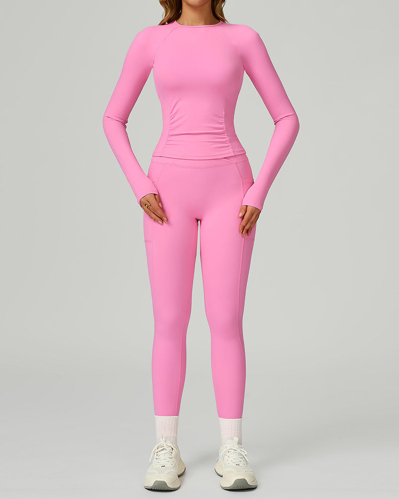 Women Add Logo Long Sleeve GYM Slim T-shirt High Waist Leggings Yoga Two-piece Sets S-XL