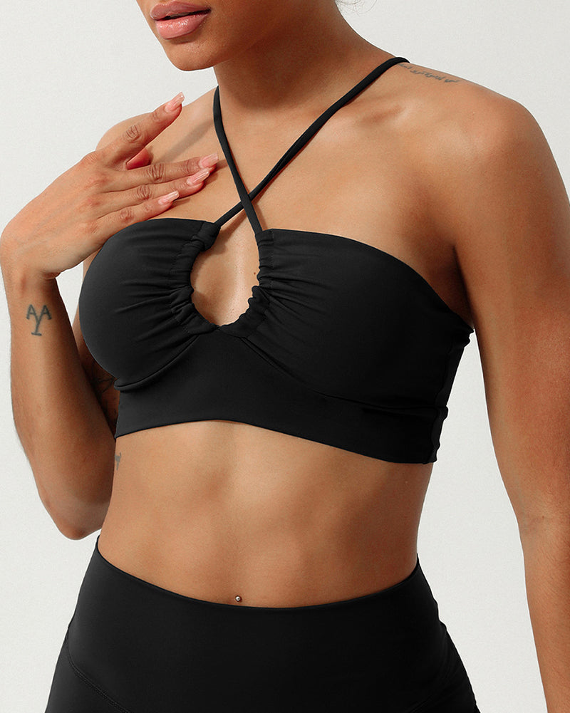 Women Halter Neck Ruched Hole Yoga Fitness Cross Back Sports Bra S-XL