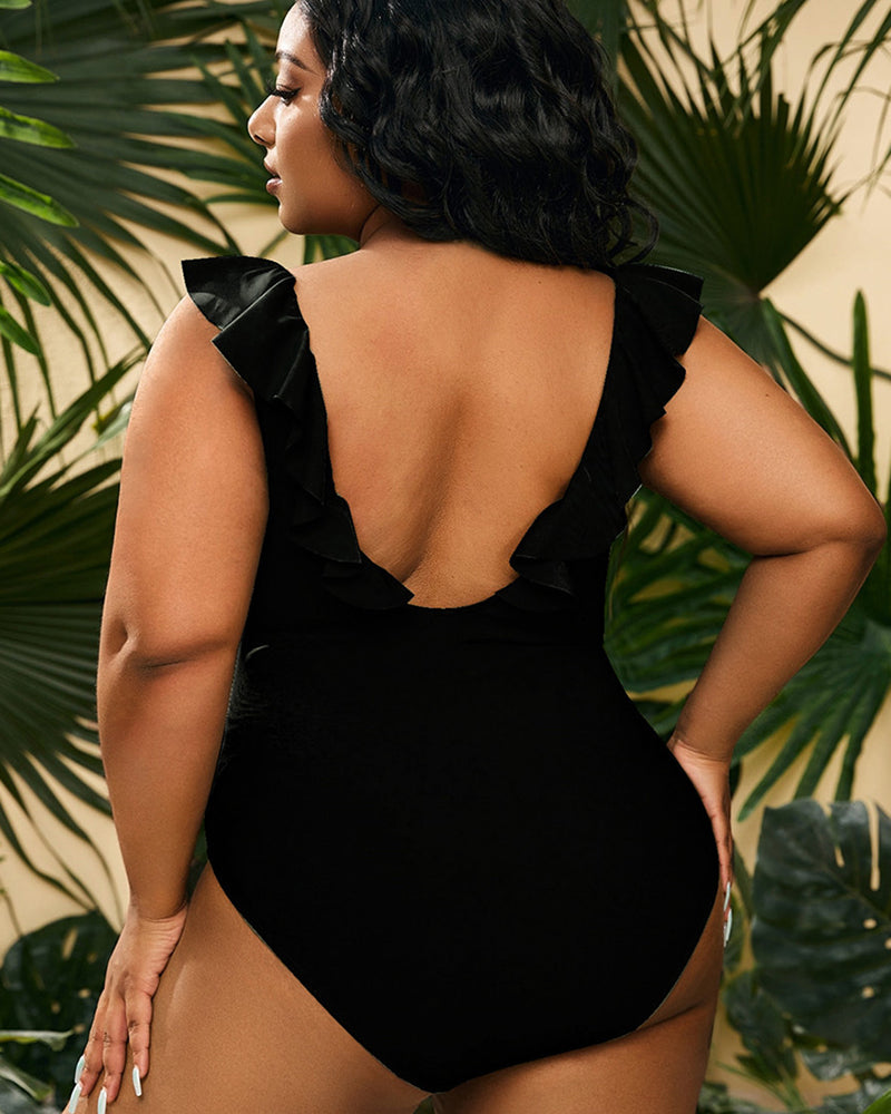 Deep V-neck Plus Size Ruffle Women High Waist Swimwear L-4XL