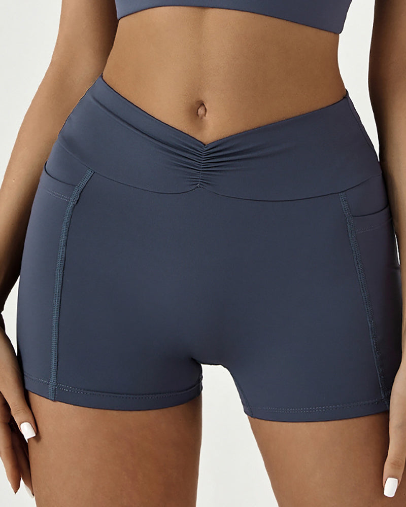 Women V Waists Pocket Sports Ruched Running Shorts S-XL