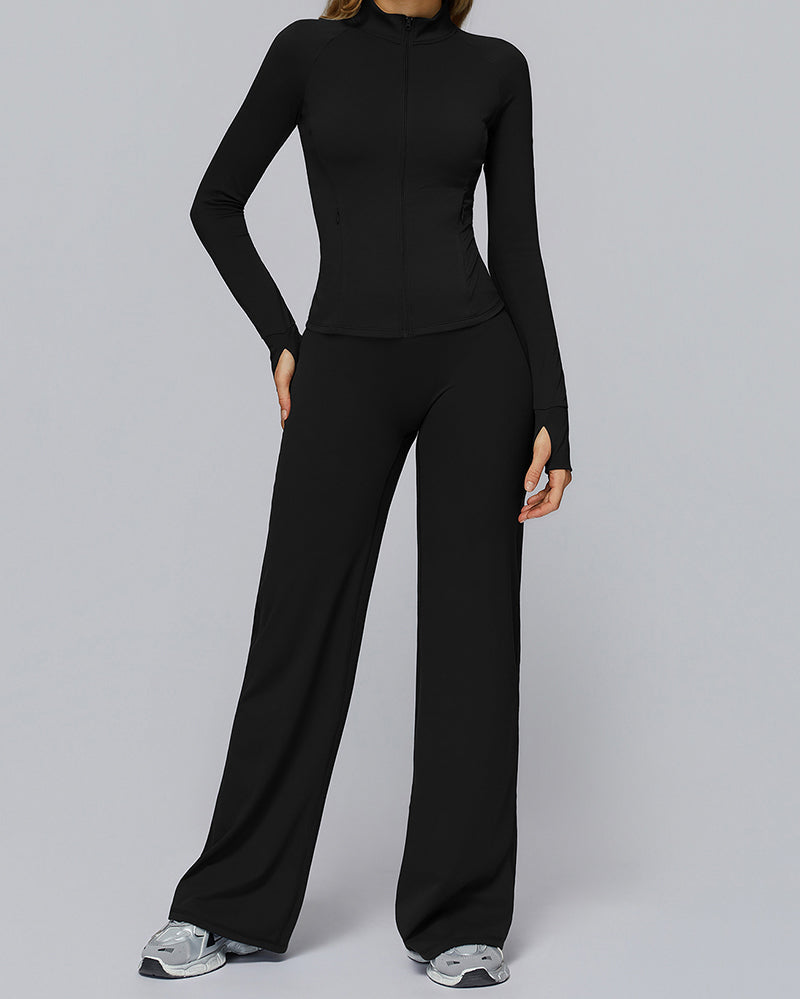 Women Long Sleeve Coat Wide Leg Pants Yoga Two-piece Sets S-XL