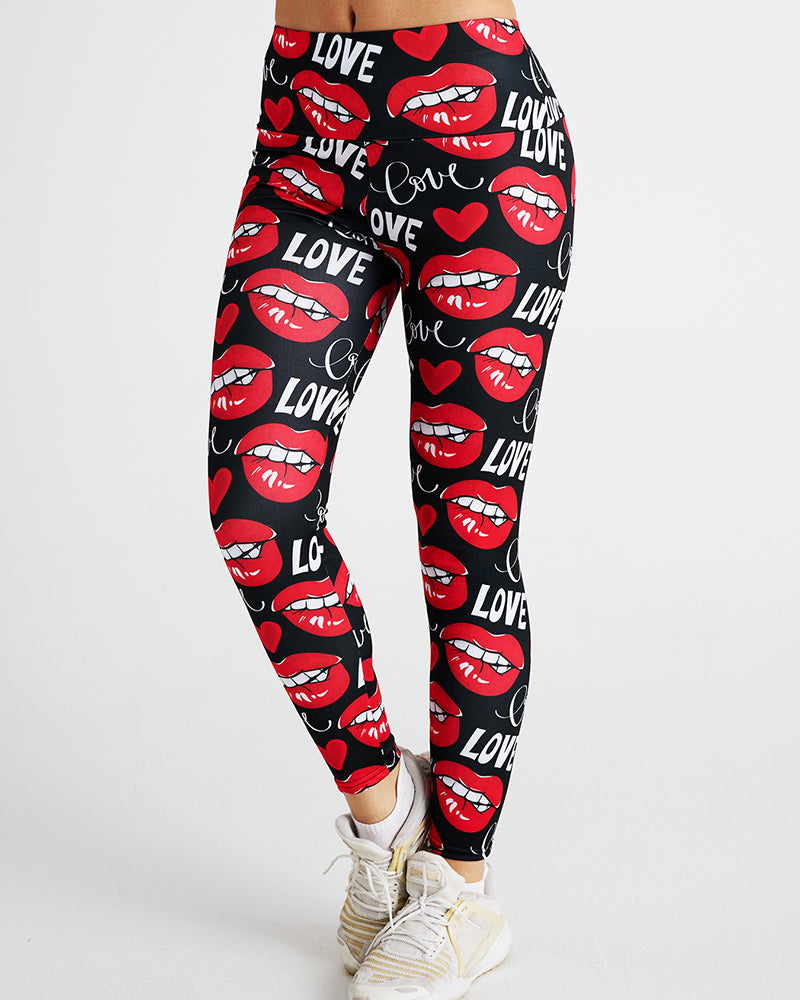 Love Sexy Lips Print Sports Women Pants Red S-2XL