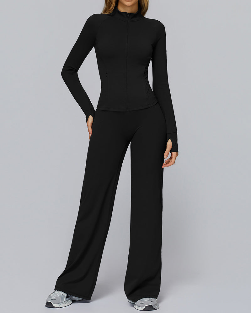 Women Long Sleeve Coat Wide Leg Pants Yoga Two-piece Sets S-XL