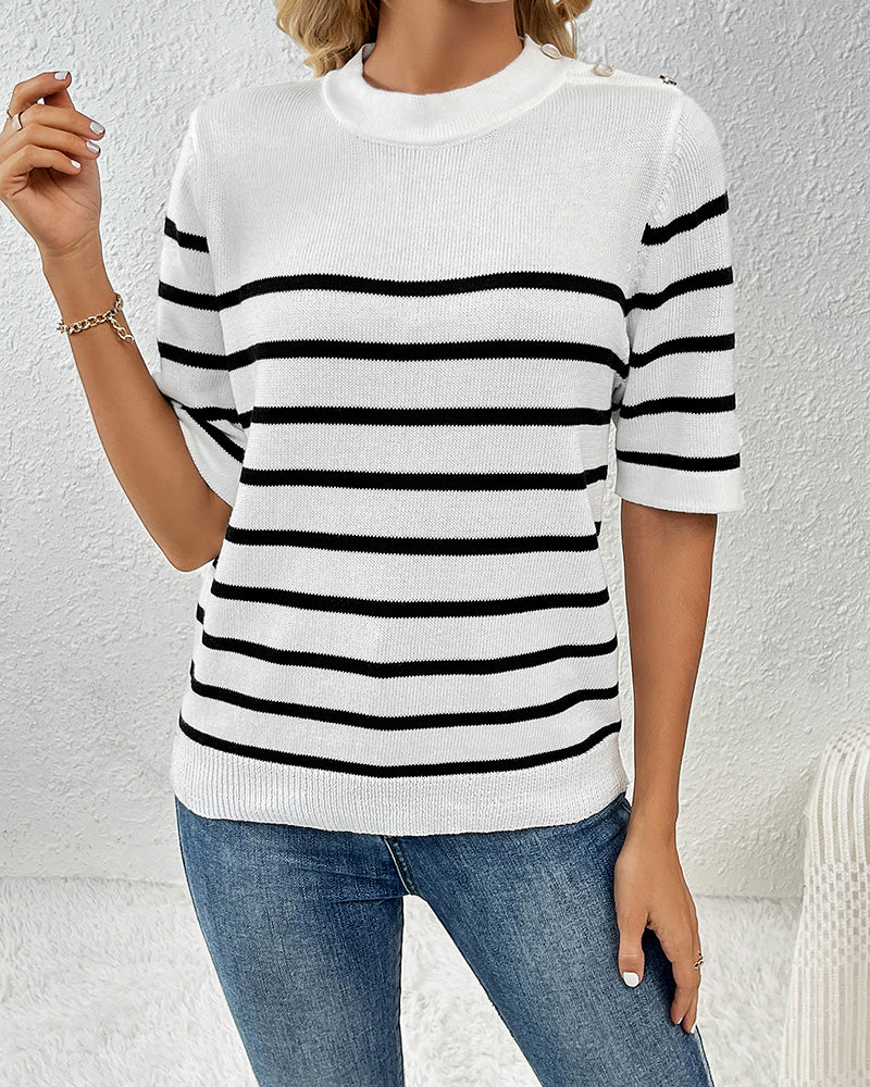 Buttoned Pullover Striped Fashionable Round Neck Short-Sleeved Women&