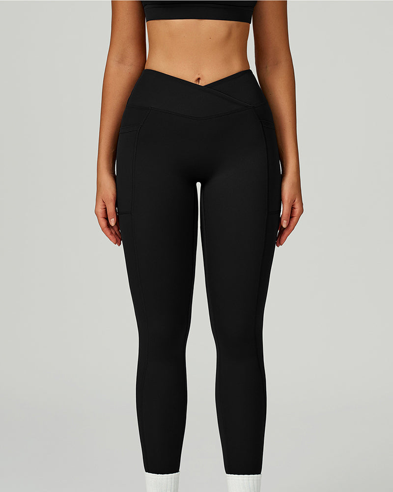 OEM Manufacturer High Waist Criss Front Side Pocket Fitness Running Leggings S-XL