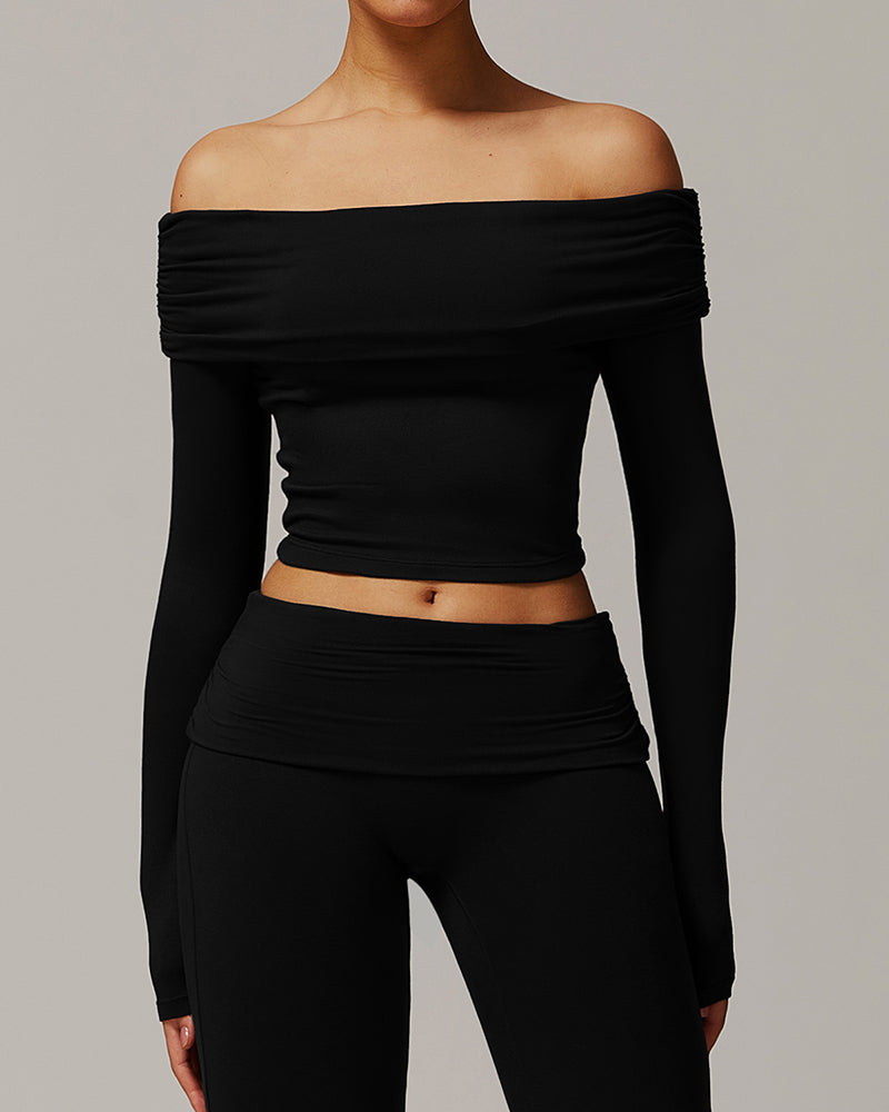 OEM Customized Women Long Sleeve Yoga Fold Off Shoulder Fitness Outdoor Wear Sports Running Top S-XL