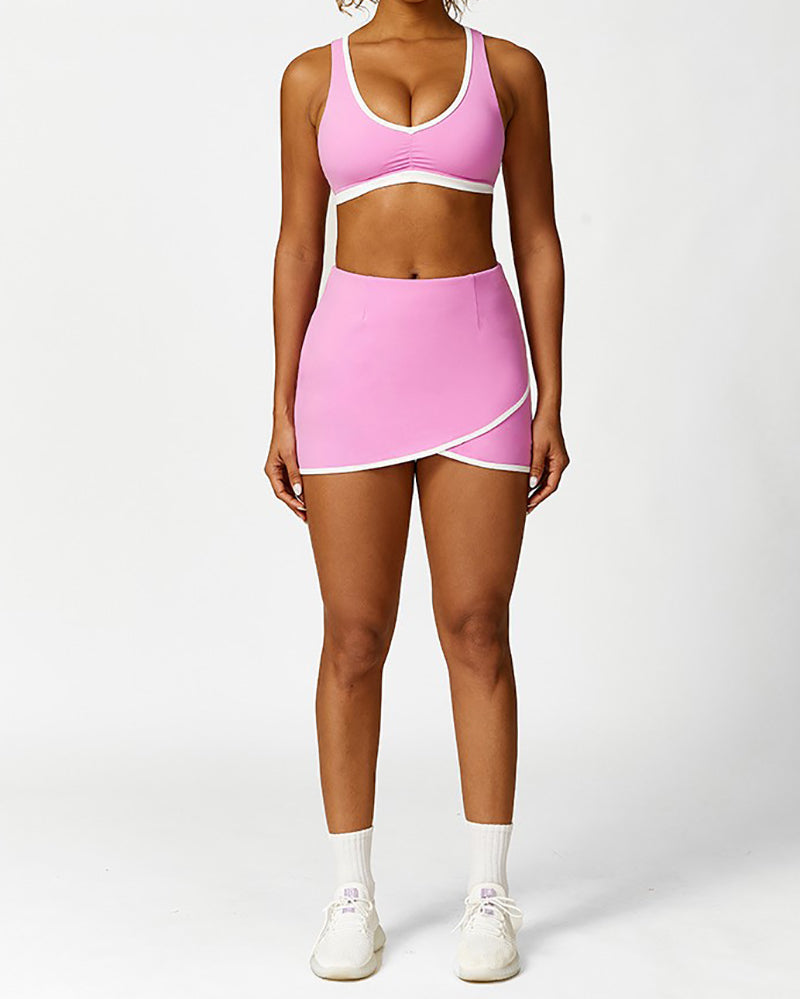 Colorblock Criss Cross Sports Bra Tennis Skirts Yoga Two-piece Sets S-L