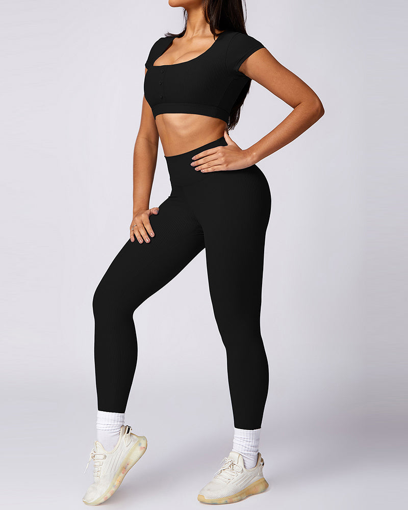 Factory Price Sports Button Short Sleeve Crop Top High Waist Pants Two Piece Sets Blue Black Brown Gray S-XL