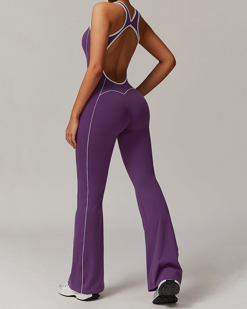 LOGO Add Women Fashion Colorblock Hollow Out Back Dance Wide Leg Jumpsuit S-XL