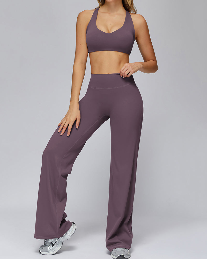 Women V-Neck Bra High Waist Wide Leg Pants Yoga Two-piece Sets S-XL
