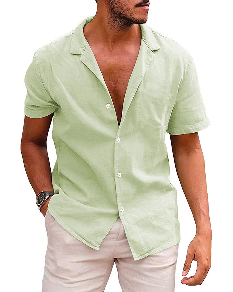 Summer Lapel Solid Color Short Sleeve Button Men&