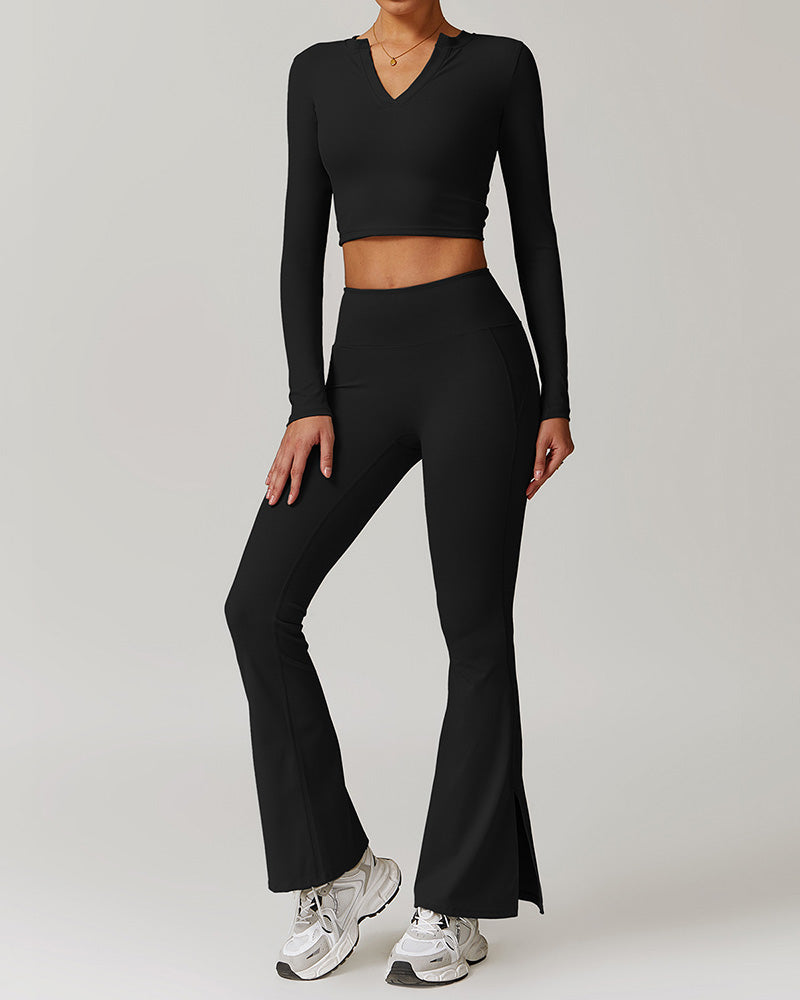 Yoga Long Sleeve V Neck T-shirt High Waist Flare Pants Two-piece Sets S-XL