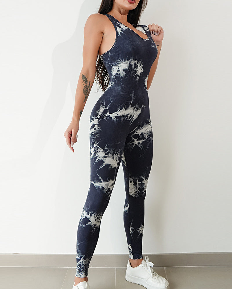 Factory Price Women Vest Slim Sports Fitness Tie-dye Yoga Jumpsuit S-L