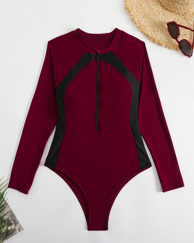 Sexy Racing Surfing Suit Color Blocked One-Piece Zipper Tight Fitting Slim Fit Swimsuit Swimwear S-L