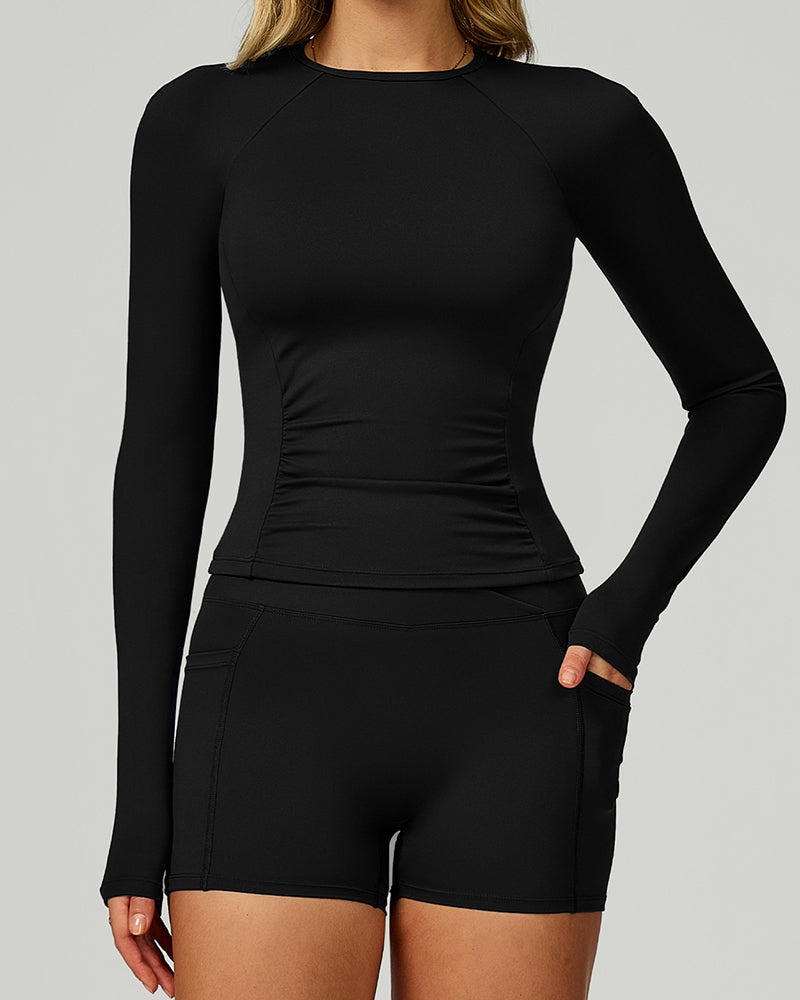 Woman OEM Long Sleeve Slim GYM T-shirt Side Pocket Shorts Yoga Two-piece Sets S-XL