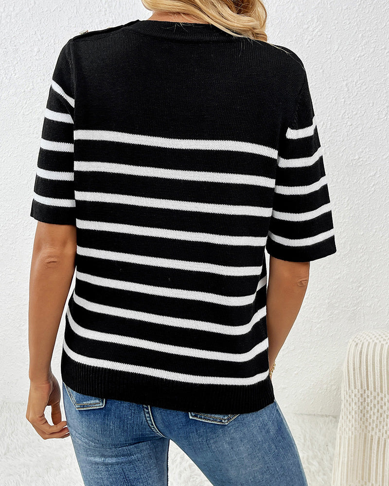 Buttoned Pullover Striped Fashionable Round Neck Short-Sleeved Women&