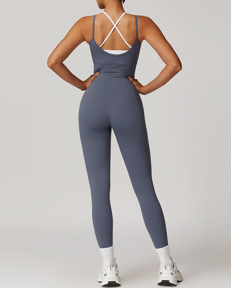 Women Colorblock Sling Fitness Backless Sports Yoga Jumpsuit S-XL