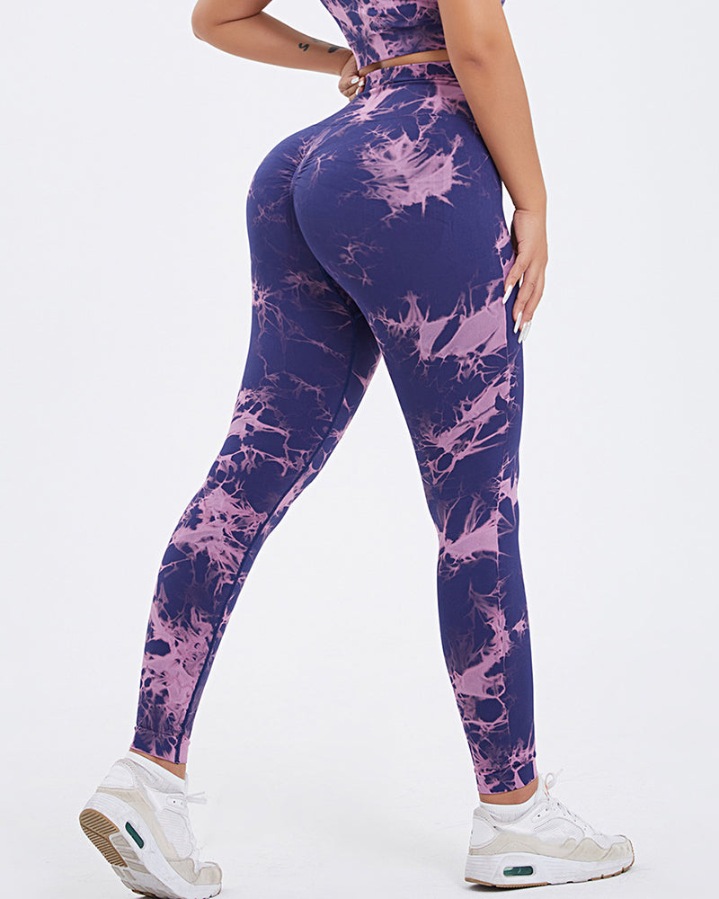 Woman Tie Dye High Waist Hip Lips Slim Sport Running Pants S-L